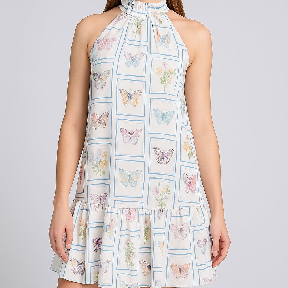 TAYLOR Linen Blend Halter Neck Butterfly Printed Day Mini Dress